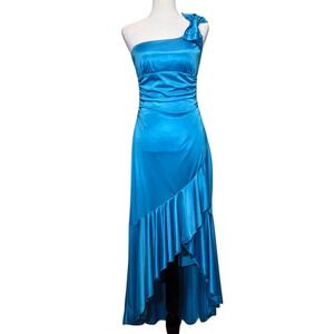 Deb Y2K Prom Dress Womens S Blue Satin Ruffle Coquette Feminine Evening Gown Vtg